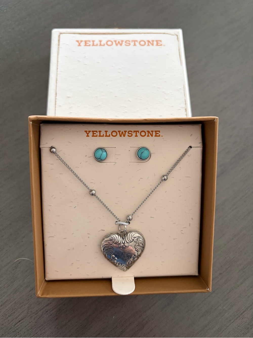 Yellowstone Silver Heart Locket Necklace with Turquoise Stud Earrings